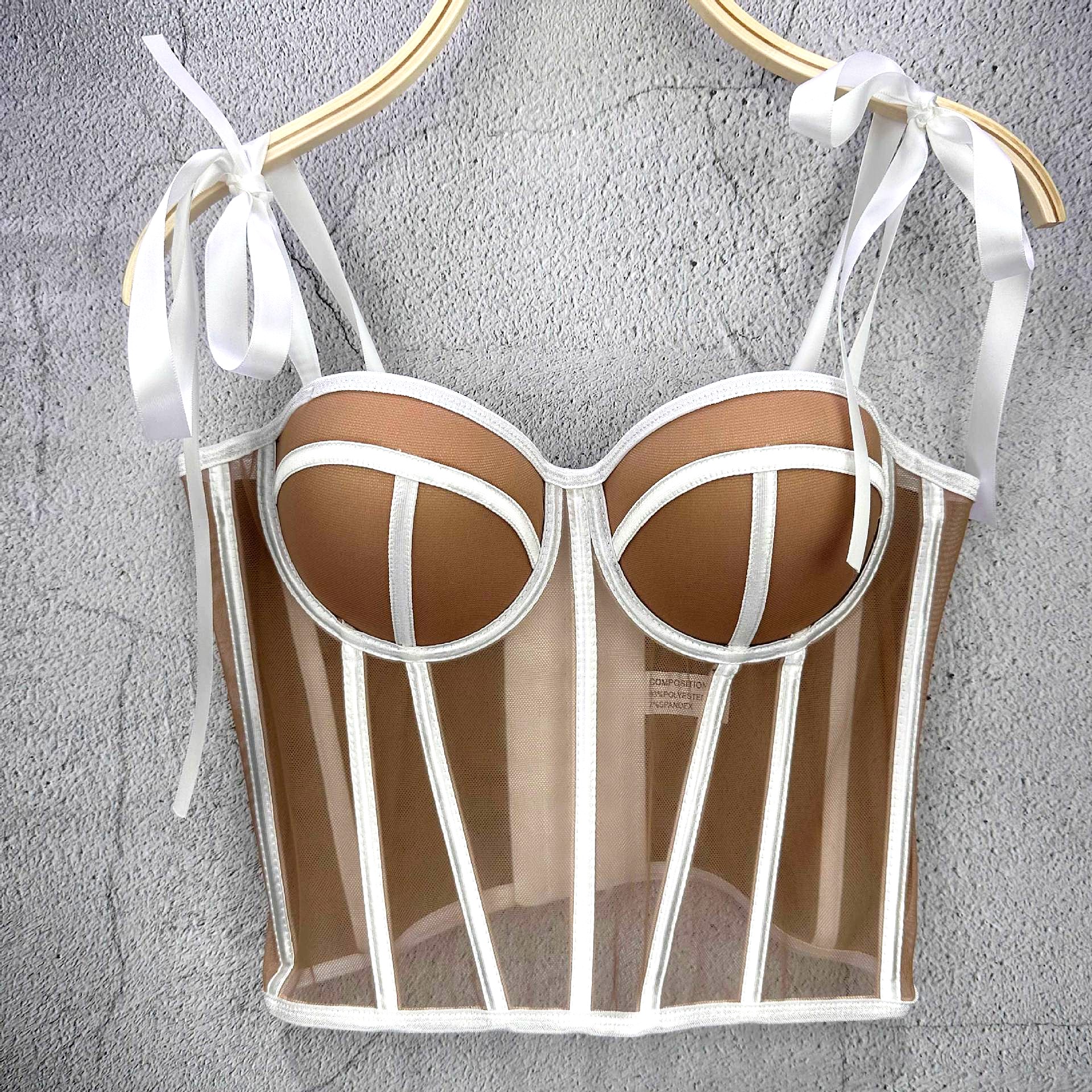 Tank Top Ribbed - Mesh Transparent Contrasting Lines Women Bustie