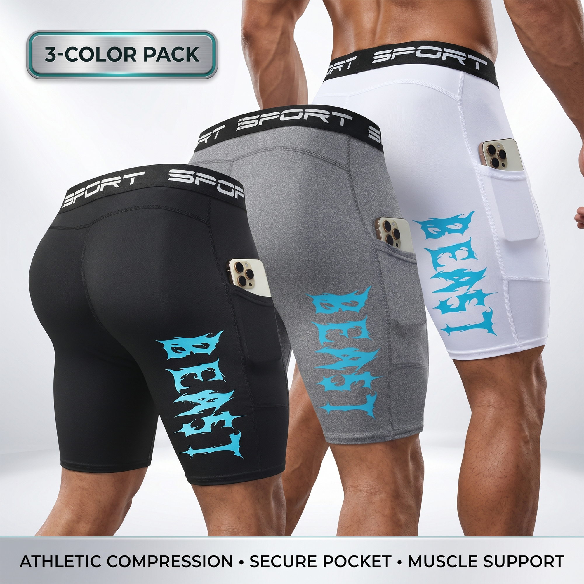 Compression Shorts Athletes - 3-Pack Men's Compression Shorts with Phone