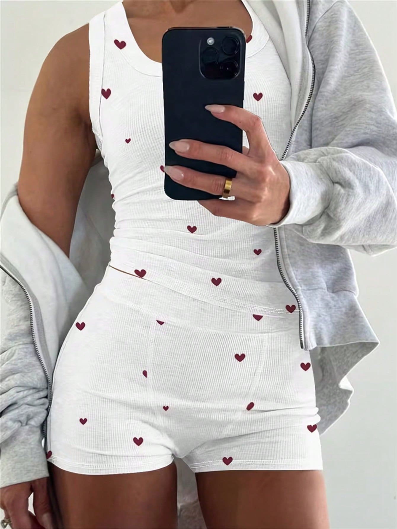 White Ribbed Heart Print Sleev - Tank Top Ribbed のレビューと価格